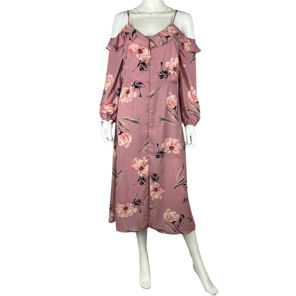 love, fire Women’s Mauve Floral Button‎ Down Cold Shoulder Dress - Size: M